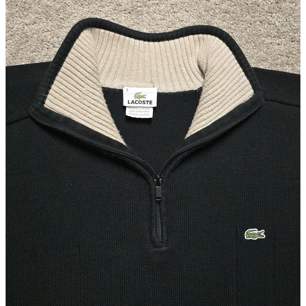 Lacoste Men's 100% Cotton 1/4 Zip Mock Neck Pullover Sweater Black Size FR 9